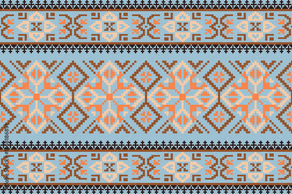 Ethnic abstract pixel art seamless pattern.Geometric ethnic oriental embroidery style.Aztec style.Design for texture,fabric,cloting,carpet,knitewar,curtains,wrapping,batik,scarf,vector,illustration