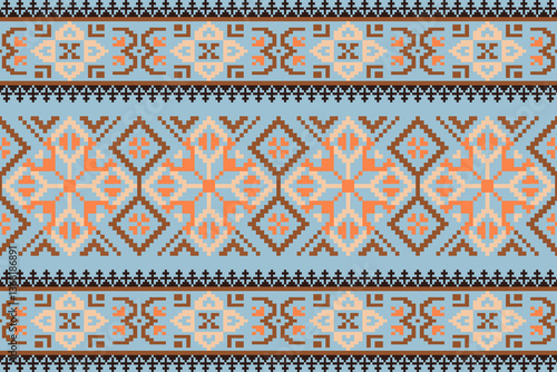 Obraz na płótnie Ethnic abstract pixel art seamless pattern.Geometric ethnic oriental embroidery style.Aztec style.Design for texture,fabric,cloting,carpet,knitewar,curtains,wrapping,batik,scarf,vector,illustration w salonie