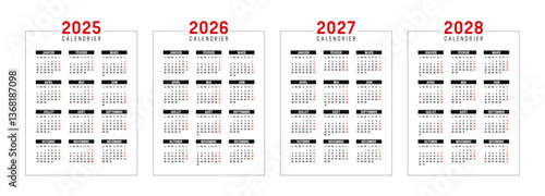 Calendrier français 2025, 2026, 2027, 2028, agenda vertical noir et rouge France