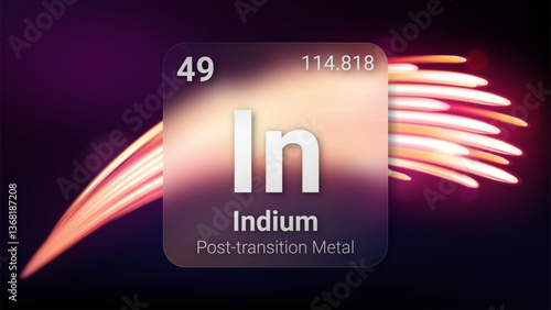 Indium (In) (049) Post Transition Metal, Glass Morphism Element Futuristic Neon Light Glow Background Periodic Table, Chemical Symbol, Name, Atomic Mass, Atomic Number, Vector Illustration