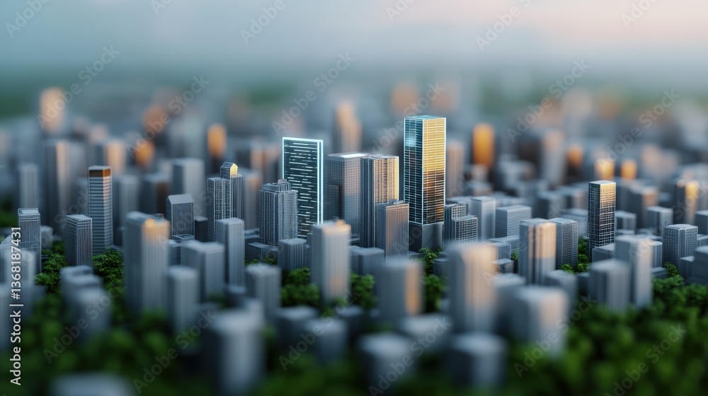 Fototapeta A vibrant cityscape with modern skyscrapers surrounded by greenery, showcasing an urban environment blending nature and architecture.