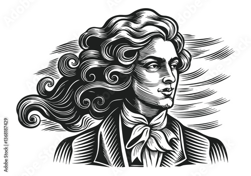 Victorian gentleman portrait in monochrome woodcut style with voluminous swirling hair and intricate engraving details

