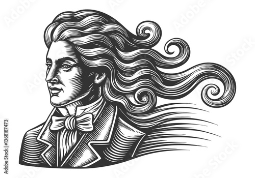 Victorian gentleman portrait in monochrome woodcut style with voluminous swirling hair and intricate engraving details

