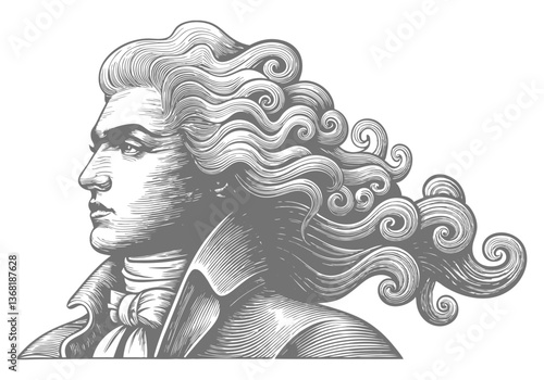 Victorian gentleman portrait in monochrome woodcut style with voluminous swirling hair and intricate engraving details

