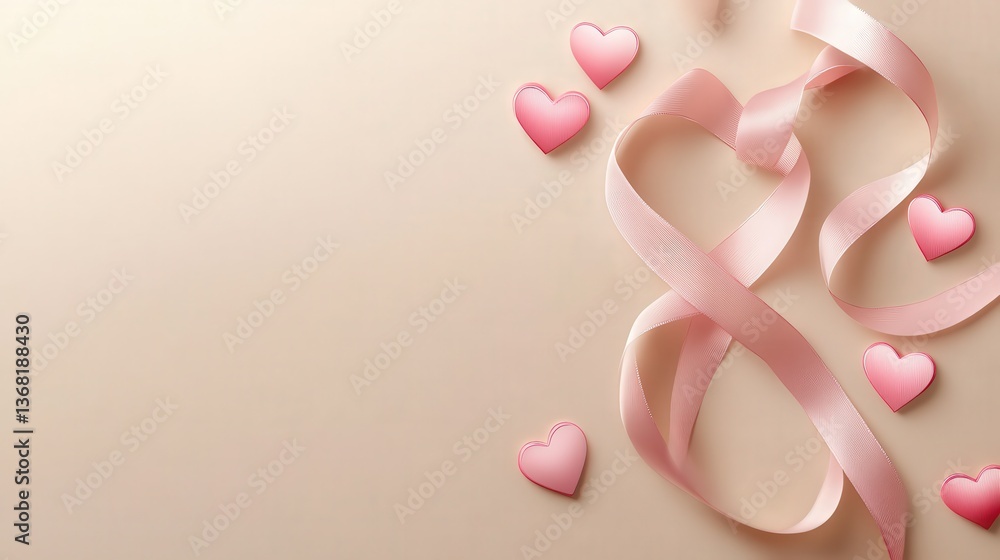 Fototapeta premium Pink Ribbon With Hearts On Soft Beige Background