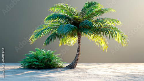 Tropical Palm Tree with Slightly Curved Trunk, Photorealistic