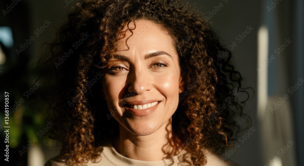 Smiling woman with curly hair in sunlight Smiling woman with curly hair in sunlight