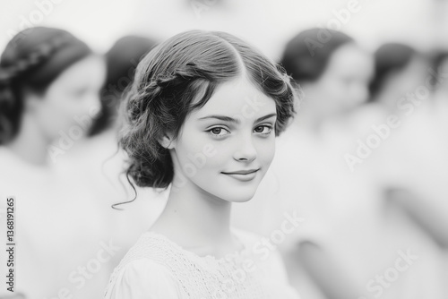 elegant vintage inspired portrait of young woman with styled updo hairstyle in black and white