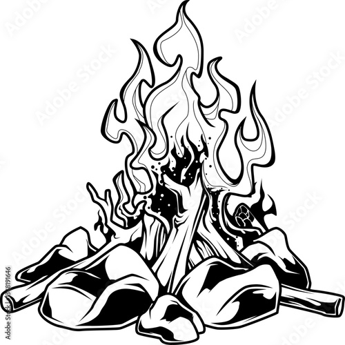 Lagerfeuer mit Flammen und Steinen, dynamisch gezeichnete Szene in Schwarz-Weiß.