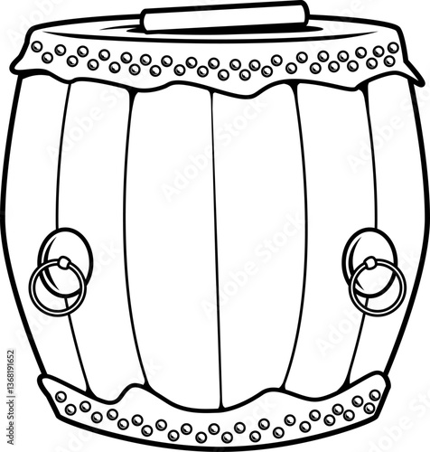 Traditionelle Trommel vom Drachenboot, mit Ringen und Nieten, einfache Linienzeichnung.