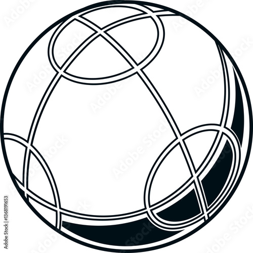 Ein Boccia-Ball mit geschwungenem Linienmuster, stilisiert in Schwarz-Weiß.