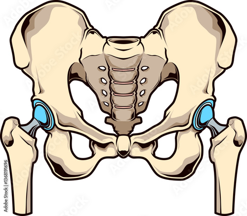 Menschliches Becken mit künstlichen Hüftgelenken, farblich markierte anatomische Darstellung.