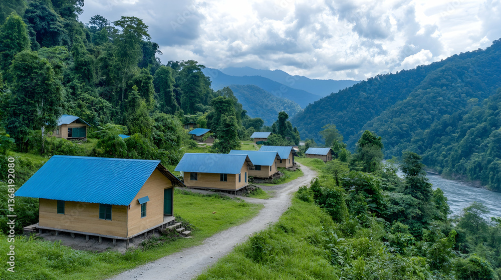 Fototapeta premium Rural hillside lodging with river views