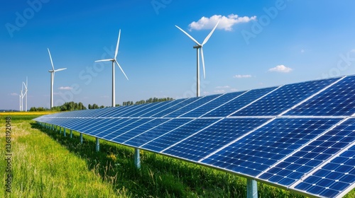 A vibrant landscape featuring solar panels in the foreground and wind turbines in the background under a blue sky, symbolizing renewable energy.