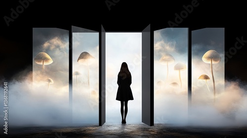 Mysterious Doors to Enchanted World with Silhouette and Mushrooms