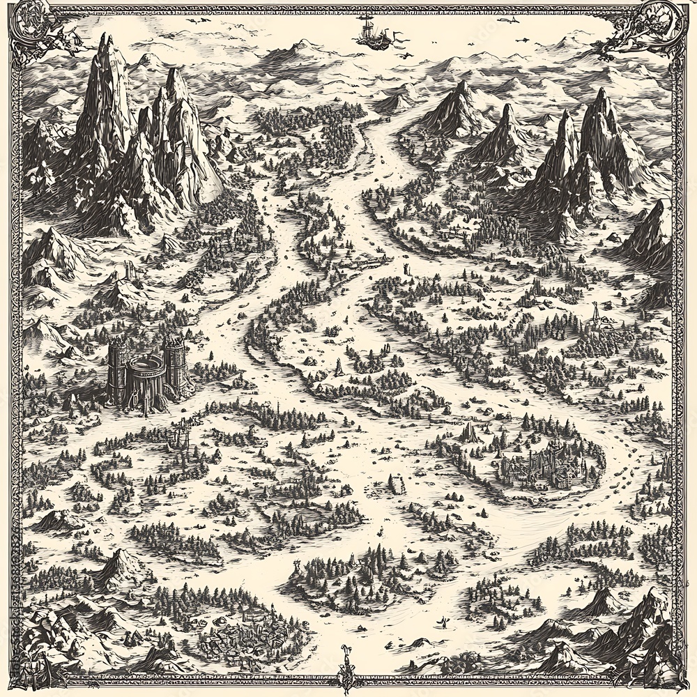 Naklejka premium An intricate, hand-drawn map of a fantastical kingdom, with winding rivers, towering mountains, and mysterious forests, showing every detail of this imaginary land