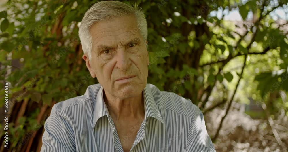 Portrait of a pensive senior man in the garden. He stands in front of a green bush, wearing a striped shirt, looking serious, and deep in thought. Portrait of a pensive senior man in the garden. He stands in front of a green bush, wearing a striped shirt, looking serious, and deep in thought.