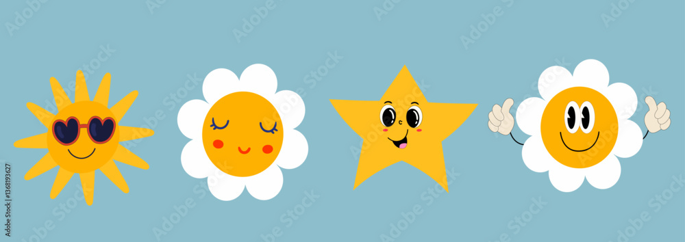 Fototapeta premium Cartoon sun star and flower characters with cheerful facial expressions on blue background for kids design