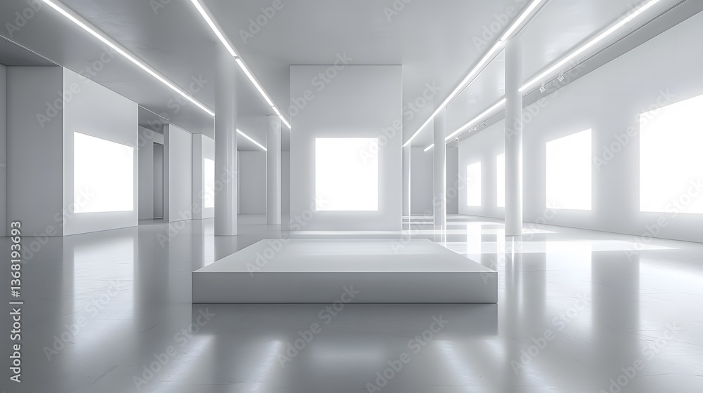 Minimalist white podium sits in empty gallery space, bathed in pure white light, casting soft shadows on glossy floor in modern exhibition hall. Minimalist white podium sits in empty gallery space, bathed in pure white light, casting soft shadows on glossy floor in modern exhibition hall.
