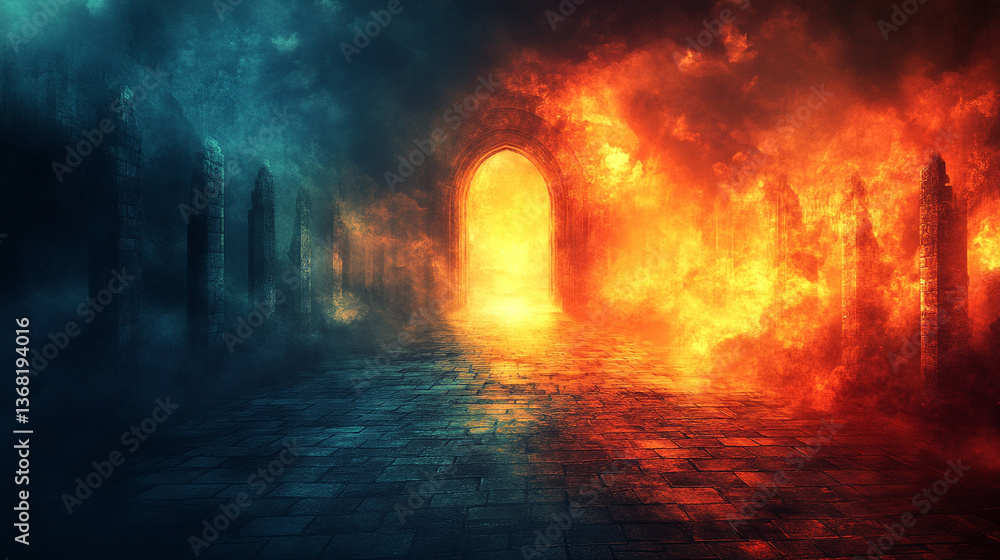 choice between heaven and hell, with contrasting doors—one leading to paradise, the other to fiery gates. Light and darkness, good and evil, and divine judgment choice between heaven and hell, with contrasting doors—one leading to paradise, the other to fiery gates. Light and darkness, good and evil, and divine judgment