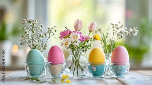 Pretty flowers in glass vases decorate the Easter table. Colorful Easter eggs sit in egg cups.