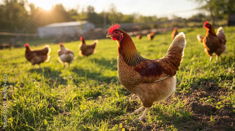 Fototapeta premium Chickens on traditional free range poultry farm.