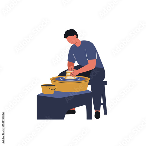 Pottery artist shaping clay on wheel in minimal vector illustration