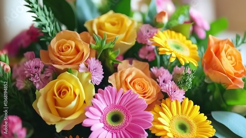  Bright floral cluster of yellow roses, pink daisies and orange gerberas with delicate baby's breath on clean white background, cheerful graphic element for social media posts, spring sale banners or 