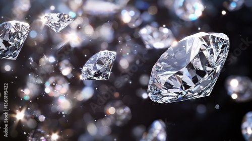 Shiny, clear diamonds sparkle and float in the air against a dark background. This 3D image shows luxury, riches, and the jewelry business.