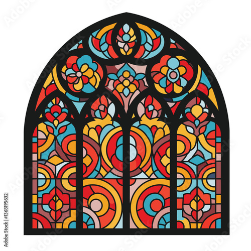 Vibrant stained glass window design in detailed flat style vector art