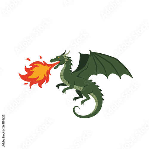Green dragon breathing fire in flat design style vector art