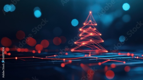 Abstract depiction of a glowing Christmas tree with luminous lines and colorful bokeh lights in a digital landscape, celebrating the festive season
