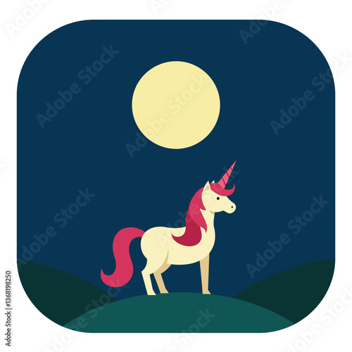 Unicorn standing on a hill under a full moon in flat vector art