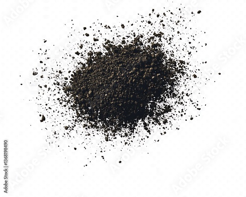 A scattered pile of dark earth against a white background