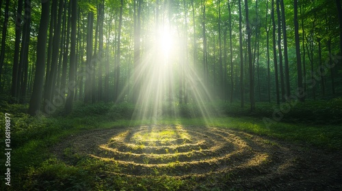 Sunlight Through Trees Illuminates Spiral Path in Forest Clearing