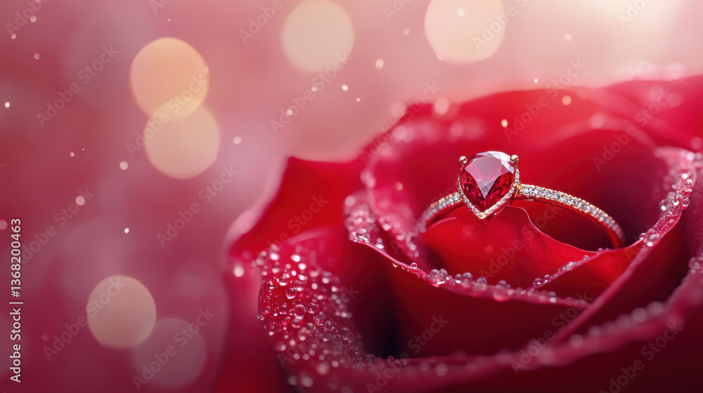 A sparkling ring sits atop a vibrant red rose, surrounded by soft bokeh lights. A sparkling ring sits atop a vibrant red rose, surrounded by soft bokeh lights.