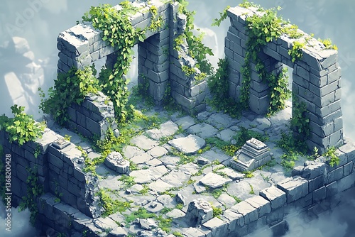 An isometric ancient ruins with ivy-covered stone walls and mysterious artifacts scattered around, creating a scene filled with history and forgotten secrets