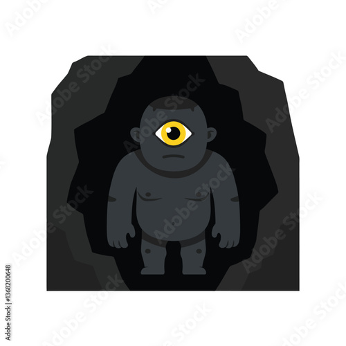 One-eyed creature emerging from cave in flat vector art style