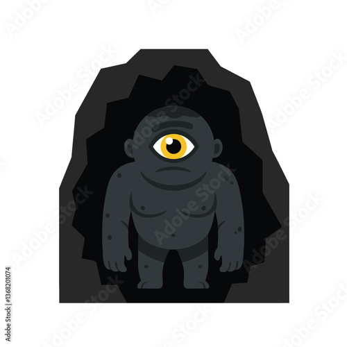 One-eyed creature emerging from cave in flat vector art style