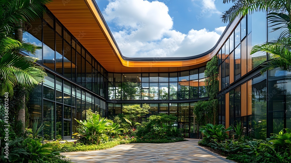 Modern curved glass building with wooden overhang stands in expansive plaza, surrounded by lush greenery, reflecting nature under vibrant blue sky. Modern curved glass building with wooden overhang stands in expansive plaza, surrounded by lush greenery, reflecting nature under vibrant blue sky.