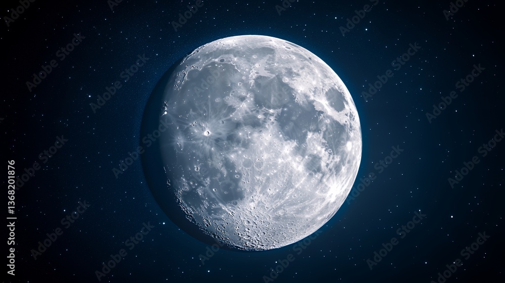 A stunning close-up of a full moon against a starry night sky. A stunning close-up of a full moon against a starry night sky.