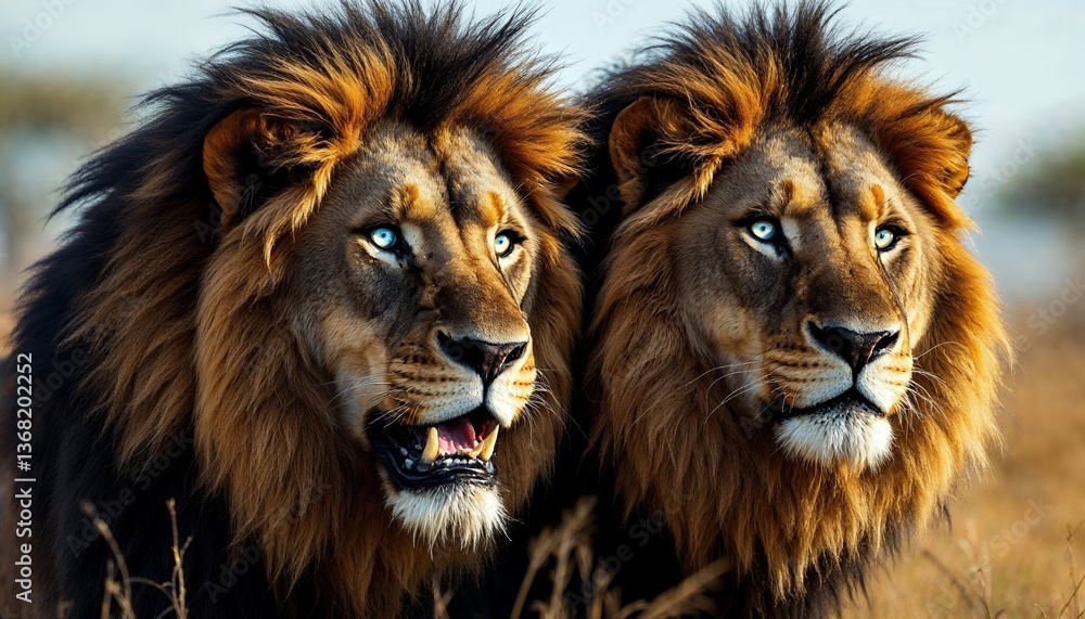 Fototapeta premium Two Majestic Lions Staring Forward with Intense Expression in Nature