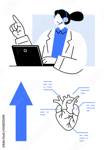 Medical expert working on a laptop, pointing upward with visible heart diagram and blue arrow. Ideal for healthcare, innovation, heart care, diagnostics, progress, technology education. Flat simple