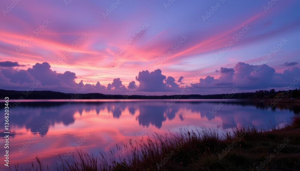 Obraz premium A dreamy Valentine's Day scene with heart shaped clouds in a twilight sky, casting warm hues of pink and lavender over a serene lake.