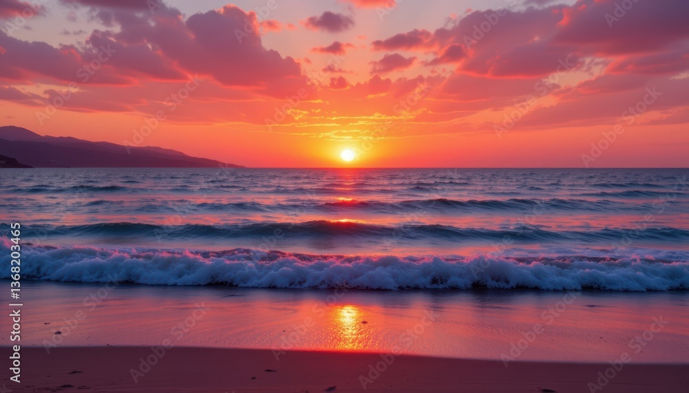 Fototapeta premium A romantic Valentine's Day background featuring Sunset over a calm beach, designed in soft pinks, reds, and gold tones.