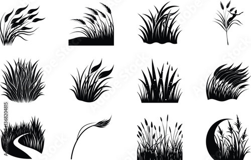 Wallpaper Mural Silhouette Grass Illustrations Nature, Design, Elements, Botanical, Vector, Set, Collection, Black,  Torontodigital.ca