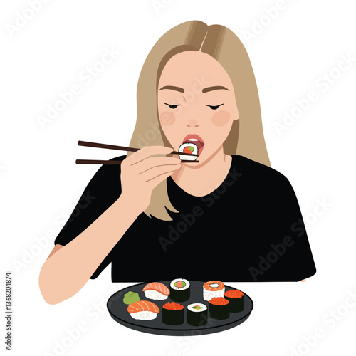 Woman eating sushi with chopsticks in flat vector art style illustration