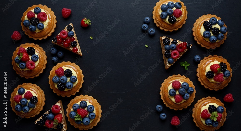 Fototapeta premium Delicious berry tarts arranged symmetrically against dark background create vibrant food photography. AI Generated