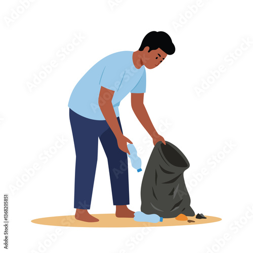 Person collecting litter in a park environment with flat vector art style vector illustration