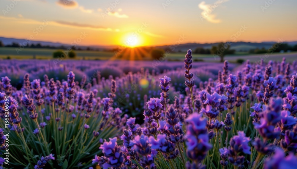 Fototapeta premium As the sun dips below the horizon, the vibrant purple flowers of the lavender field seem to glow in the dim light.